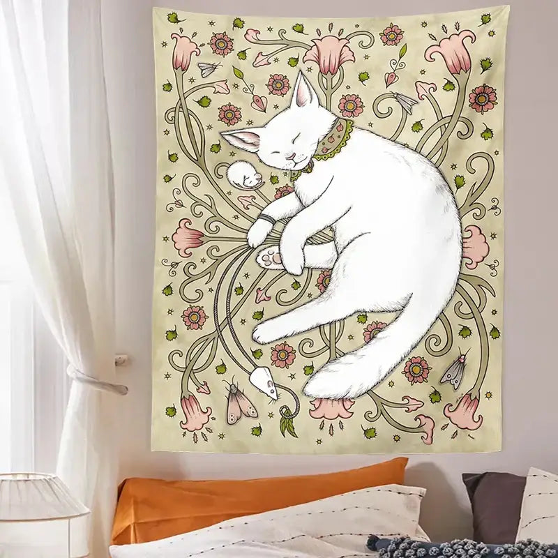 DecorBites™ Cat Botanical Flower Wall Tapestry for Living Room Bedroom Home Decor
