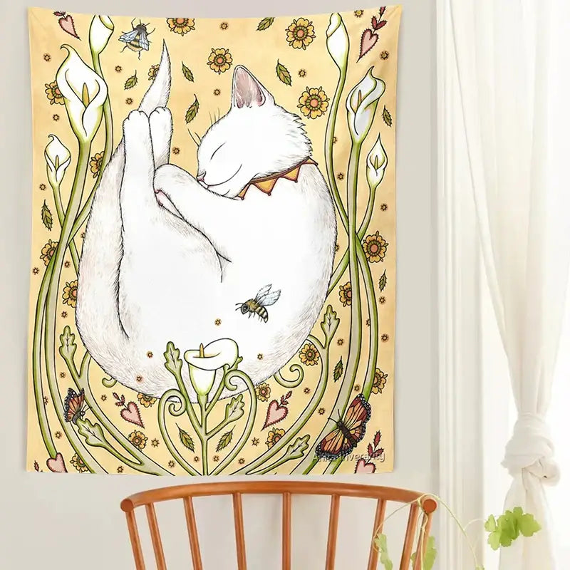 DecorBites™ Cat Botanical Flower Wall Tapestry for Living Room Bedroom Home Decor