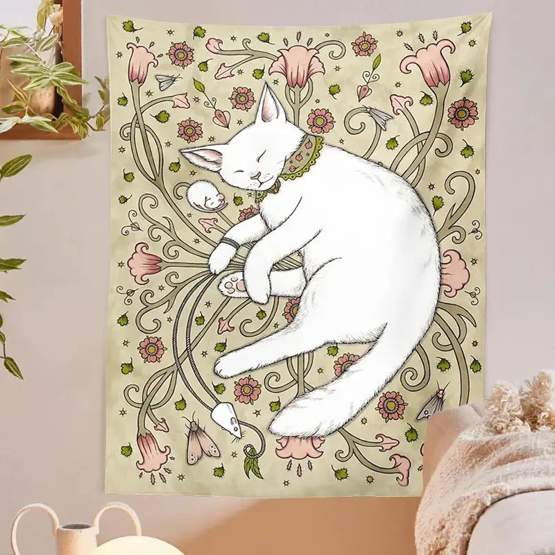 DecorBites™ Cat Botanical Flower Wall Tapestry for Living Room Bedroom Home Decor