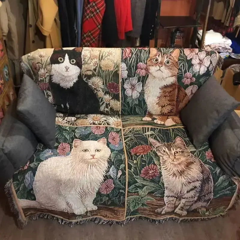 DecorBites™ Cat Sunflower Knitted Sofa Cover - Multi-functional Blanket, Bed Cover, Floor Mat, and Tapestry for Home Decor.