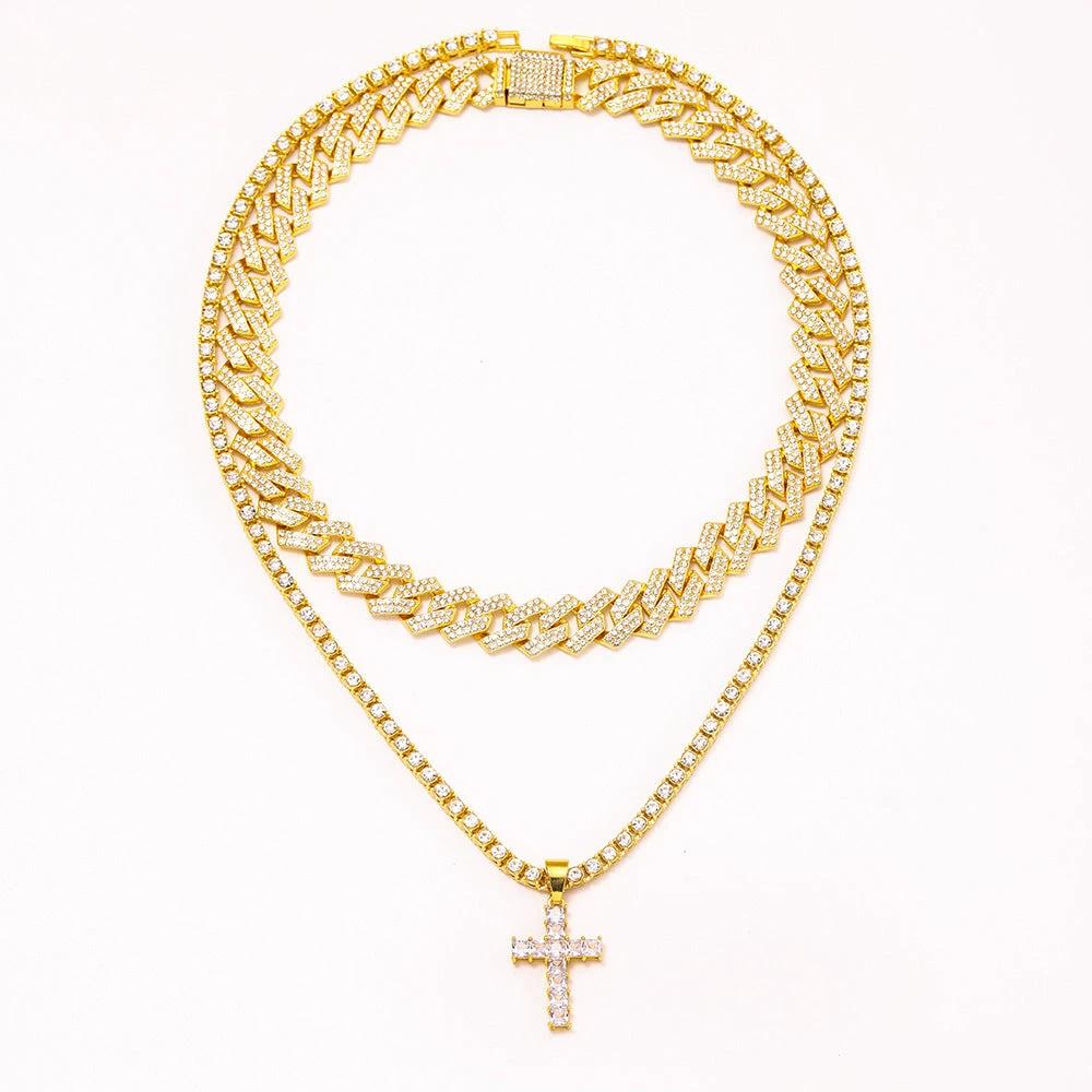 Men's Zircon Cross Pendant Cuban Chain Iced Out Paved Rhinestones Bling Necklaces