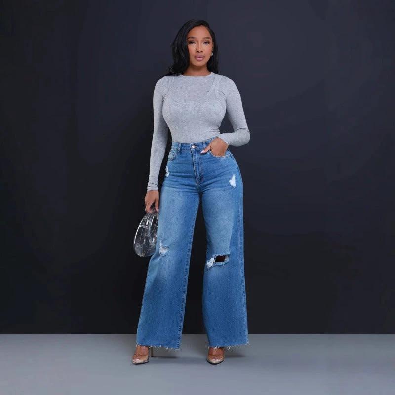 Women's Ripped High Waist Loose Straight Wide Leg Jeans