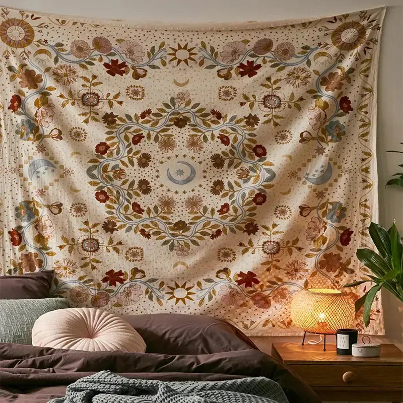 DecorBites™ Celestial Floral Moon Phase Tapestry for Aesthetic Room Decor