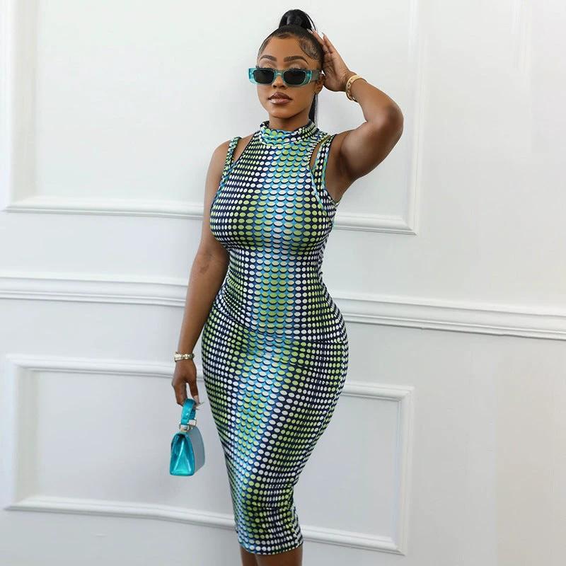 Sleeveless Patchwork Stretch Wrap-around Slim Fit Dress For Women