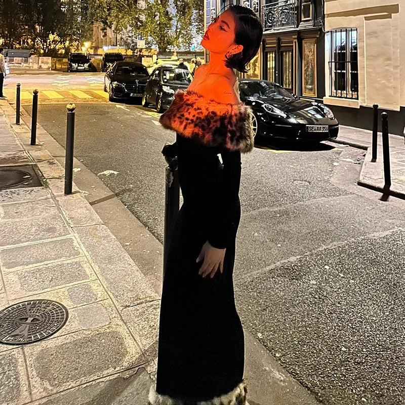 Atmospheric Leopard Print Fur Stitching Off-shoulder Dress