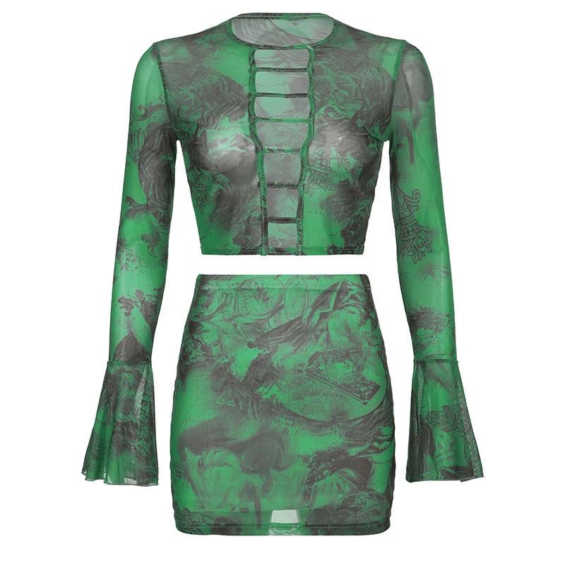 Bell Sleeve Cut out Top Mini Skirt set