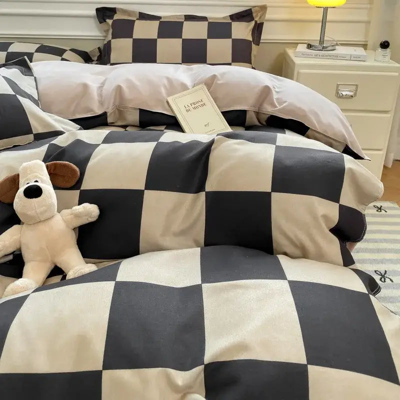 Checkerboard black & beige satin duvet cover set bedroom bedding