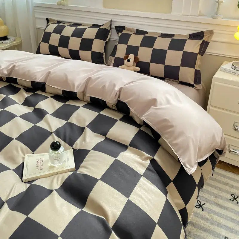 Checkerboard black & beige satin duvet cover set bedroom bedding