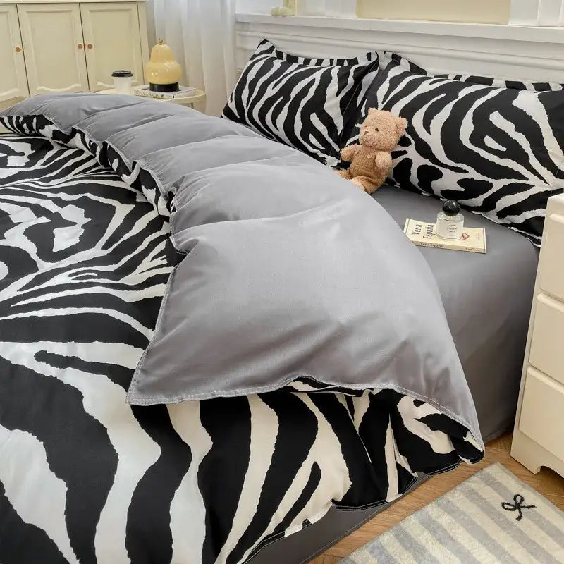 Checkerboard black & beige satin duvet cover set bedroom bedding