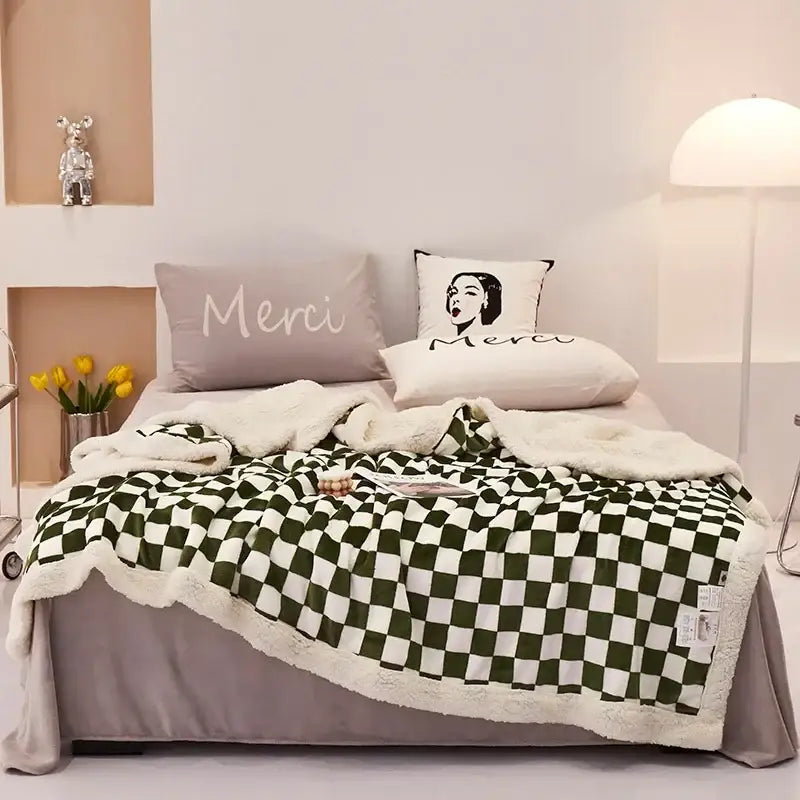 Checkerboard lamb fleece blanket black & white bedroom throw