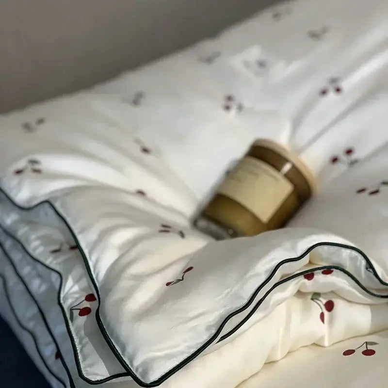 Cherry embroidery white & red cooling quilt bedroom blanket