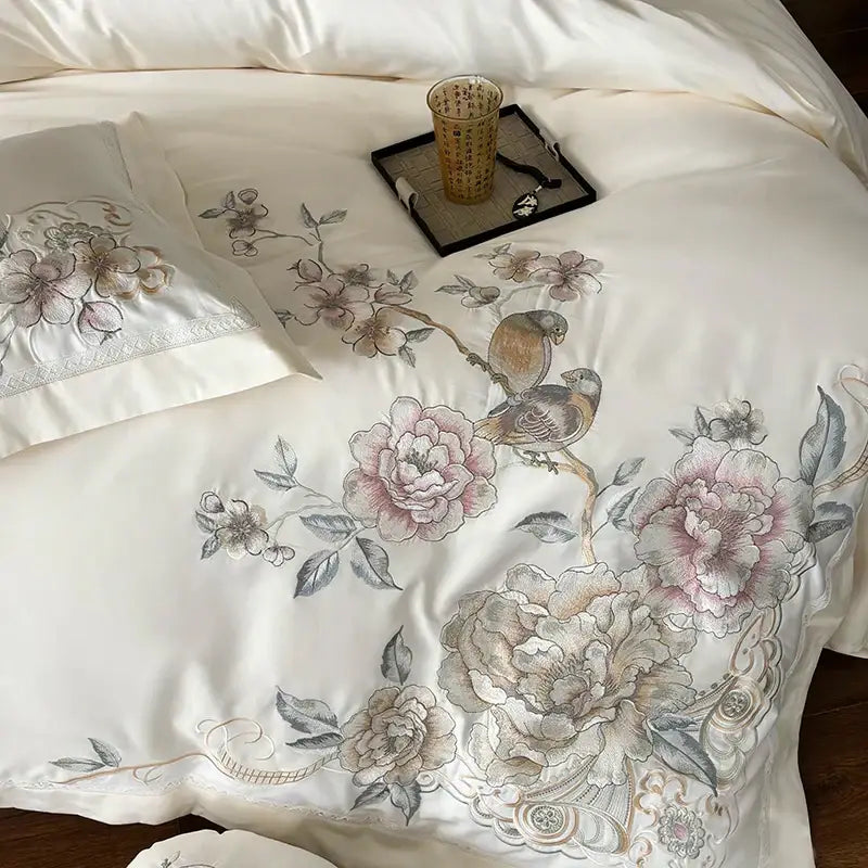 DecorBites™ 5-Piece Chinese Flowers Bird Embroidery Bedding Set, 1000TC Egyptian Cotton, Queen King
