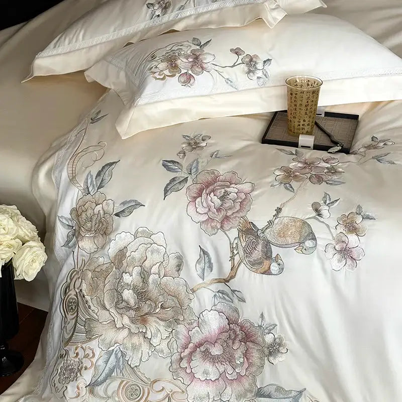 DecorBites™ 5-Piece Chinese Flowers Bird Embroidery Bedding Set, 1000TC Egyptian Cotton, Queen King
