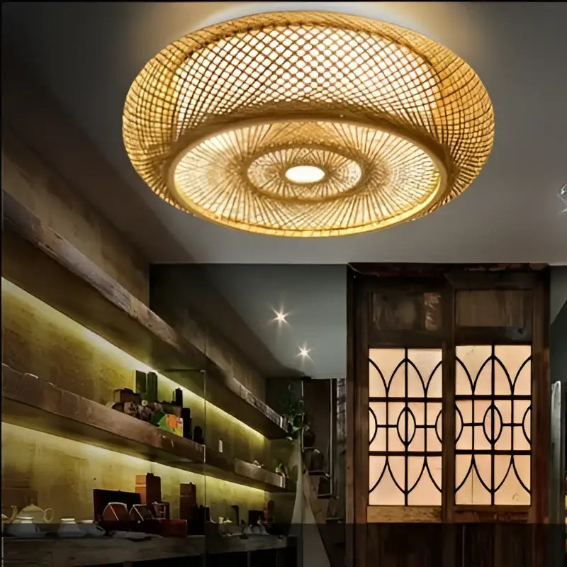 Chinese style bamboo wicker rattan round ceiling light living room