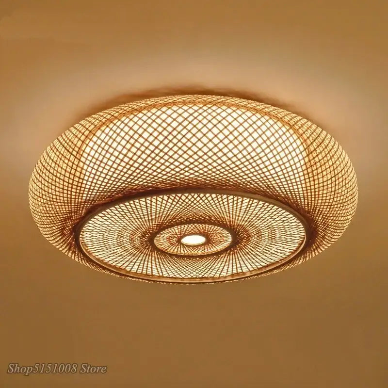 Chinese style bamboo wicker rattan round ceiling light living room