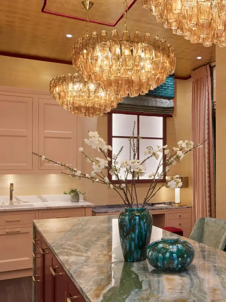 "DecorBites™ Large Pink Glass Chandelier Amber Classic Lighting for Dining Room"