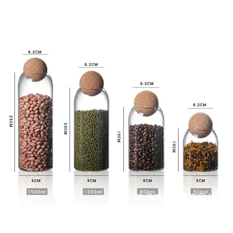 Clear glass bottle dispenser set with cork stoppers kitchen jars