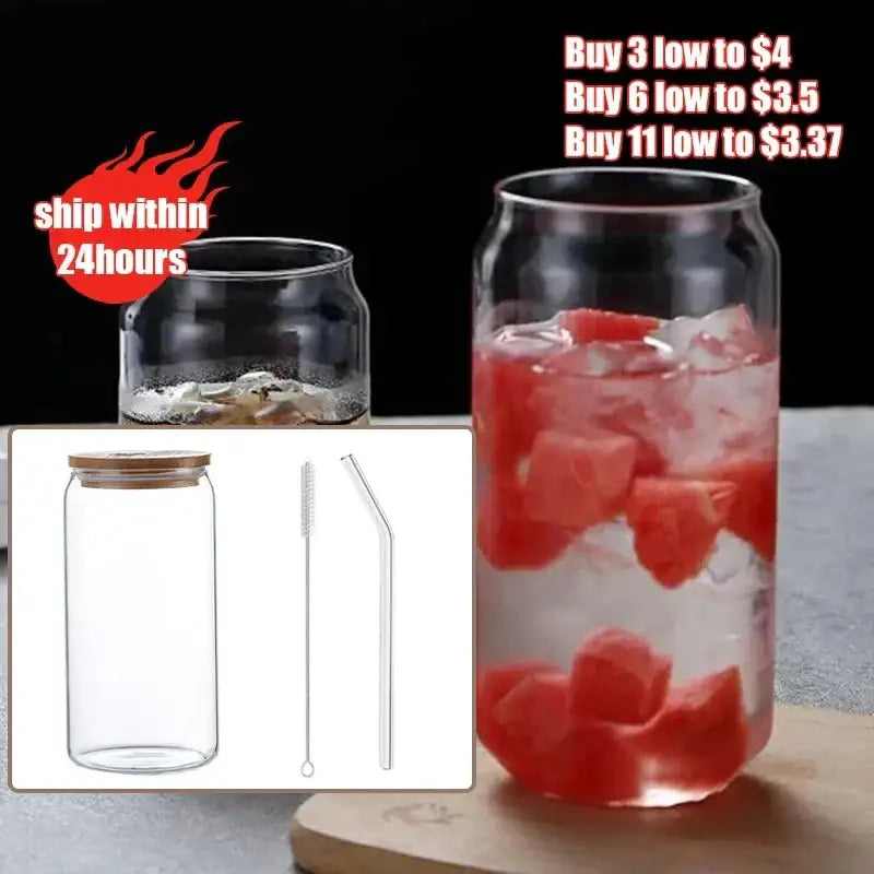 DecorBites™ Glass Drink Cup with Bamboo Lid - High Borosilicate Glass Tea Juice Coffee Mug