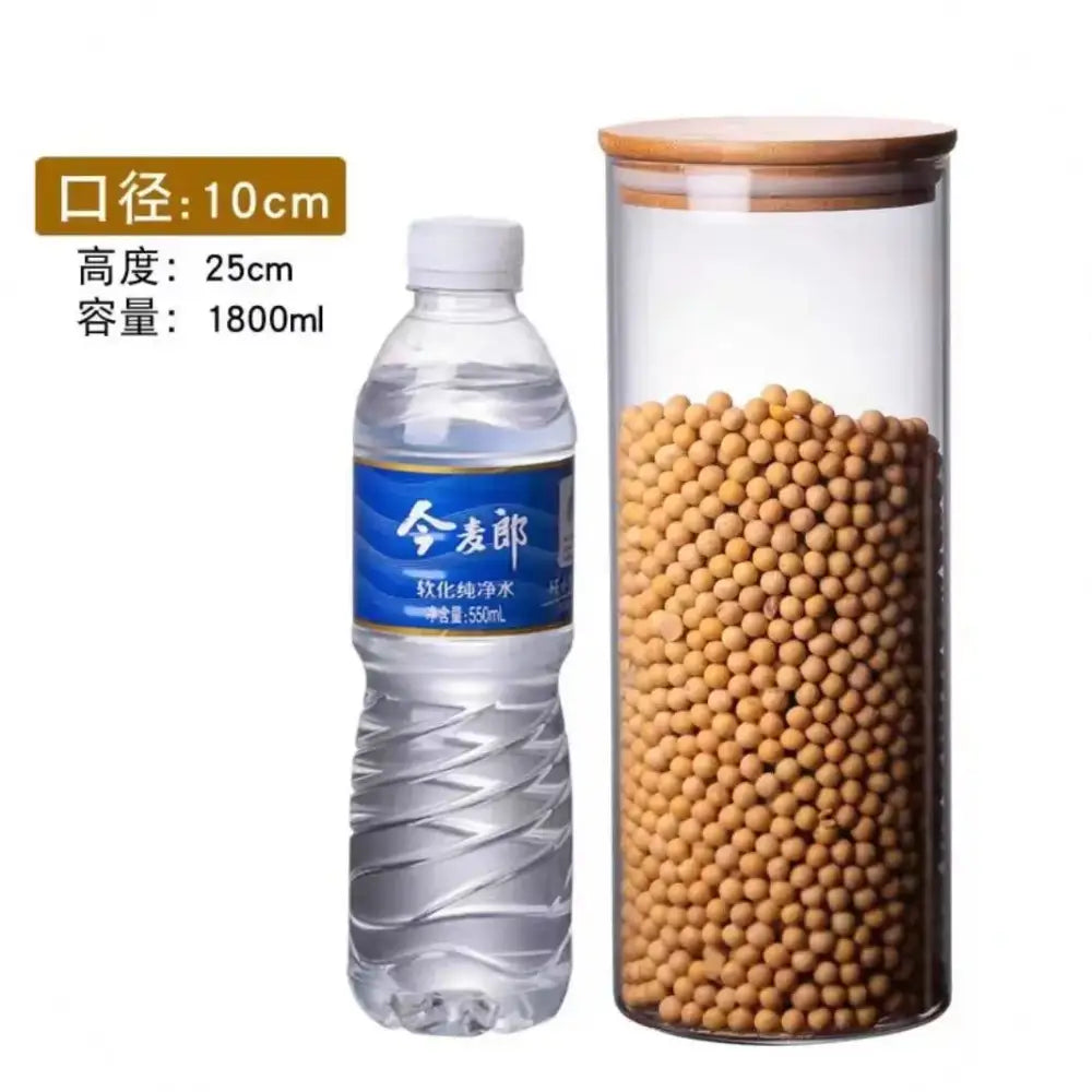 Clear glass storage jars with bamboo lids for kitchen organization