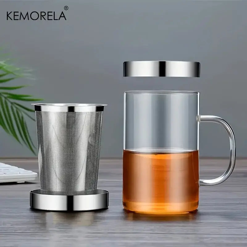 DecorBites™ 477ML Glass Tea Infuser Mug | Borosilicate Glass with Stainless Steel Infuser