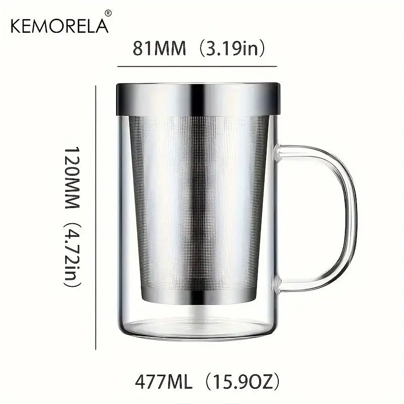 DecorBites™ 477ML Glass Tea Infuser Mug | Borosilicate Glass with Stainless Steel Infuser