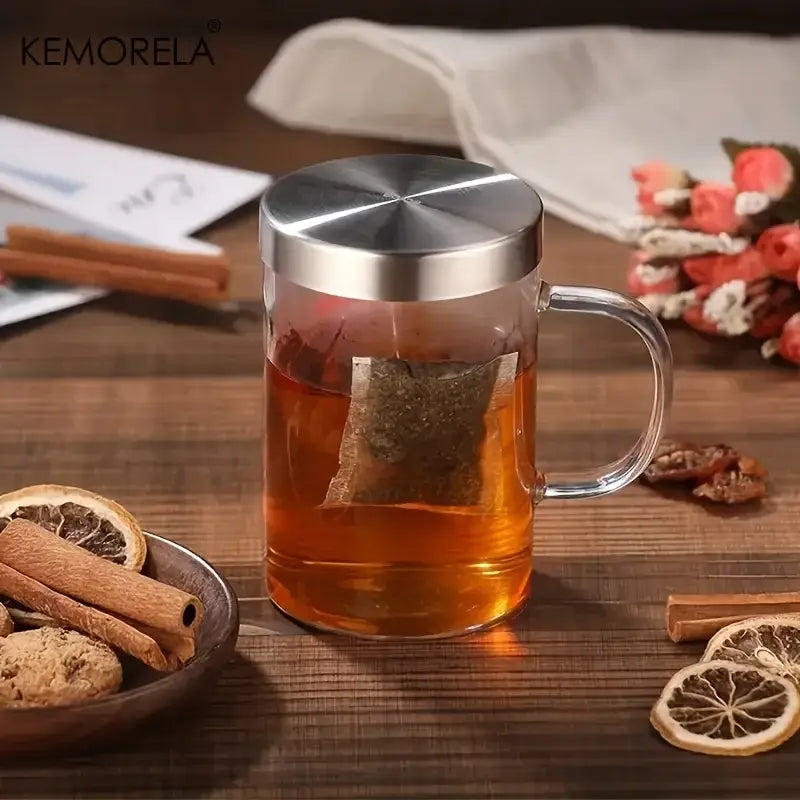 DecorBites™ 477ML Glass Tea Infuser Mug | Borosilicate Glass with Stainless Steel Infuser