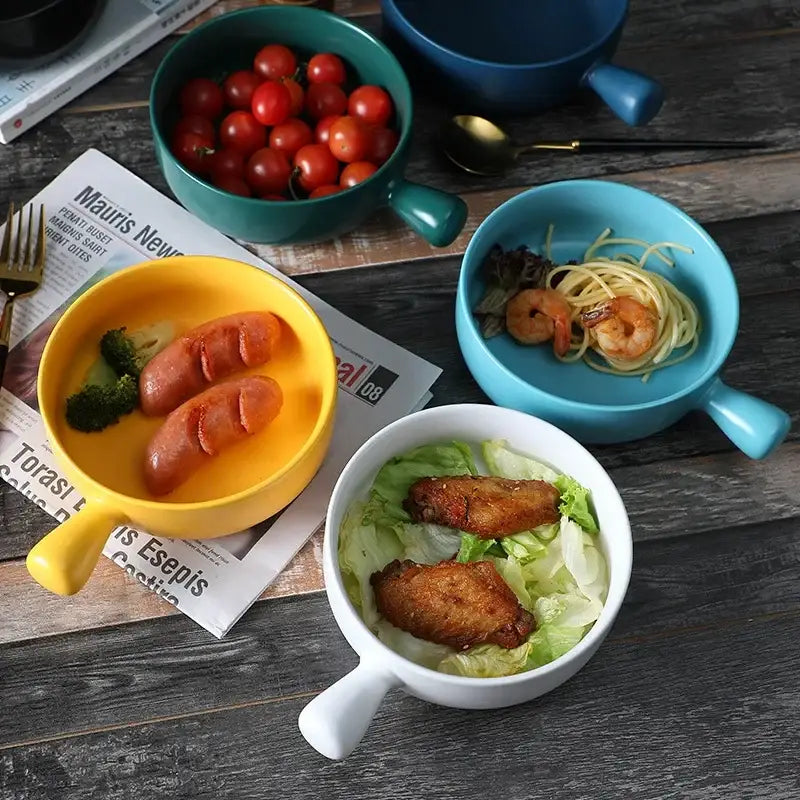 DecorBites™ Ceramic Single Handle Salad Bowl, Microwave Safe for Breakfast, Dessert, Soup