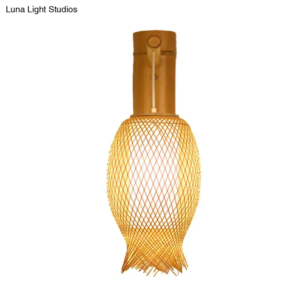 Contemporary bamboo golden wall light fixture – bedroom woven lantern