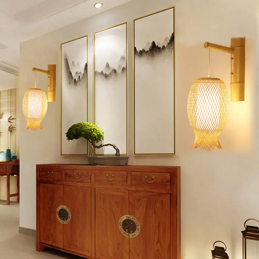 Contemporary bamboo golden wall light fixture – bedroom woven lantern
