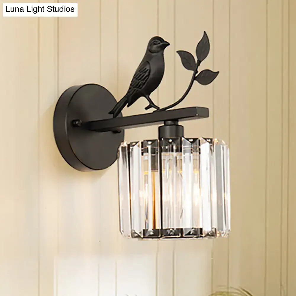 DecorBites™ Contemporary Wall Sconce with K9 Crystal Cylinder, Bird Accent, and Black/Gold Finish