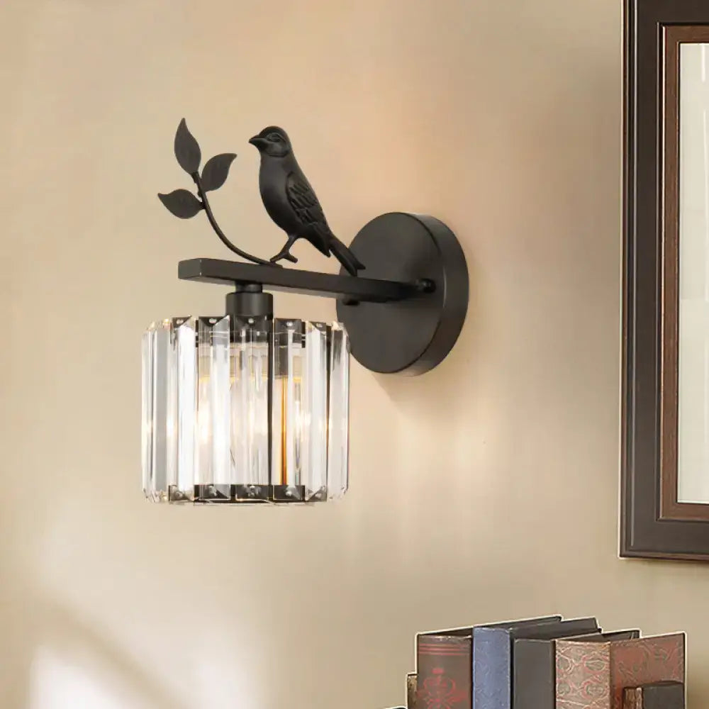 DecorBites™ Contemporary Wall Sconce with K9 Crystal Cylinder, Bird Accent, and Black/Gold Finish