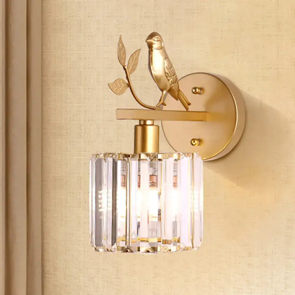 DecorBites™ Contemporary Wall Sconce with K9 Crystal Cylinder, Bird Accent, and Black/Gold Finish