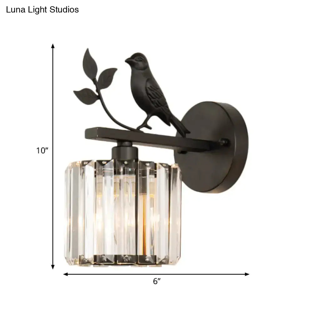 DecorBites™ Contemporary Wall Sconce with K9 Crystal Cylinder, Bird Accent, and Black/Gold Finish