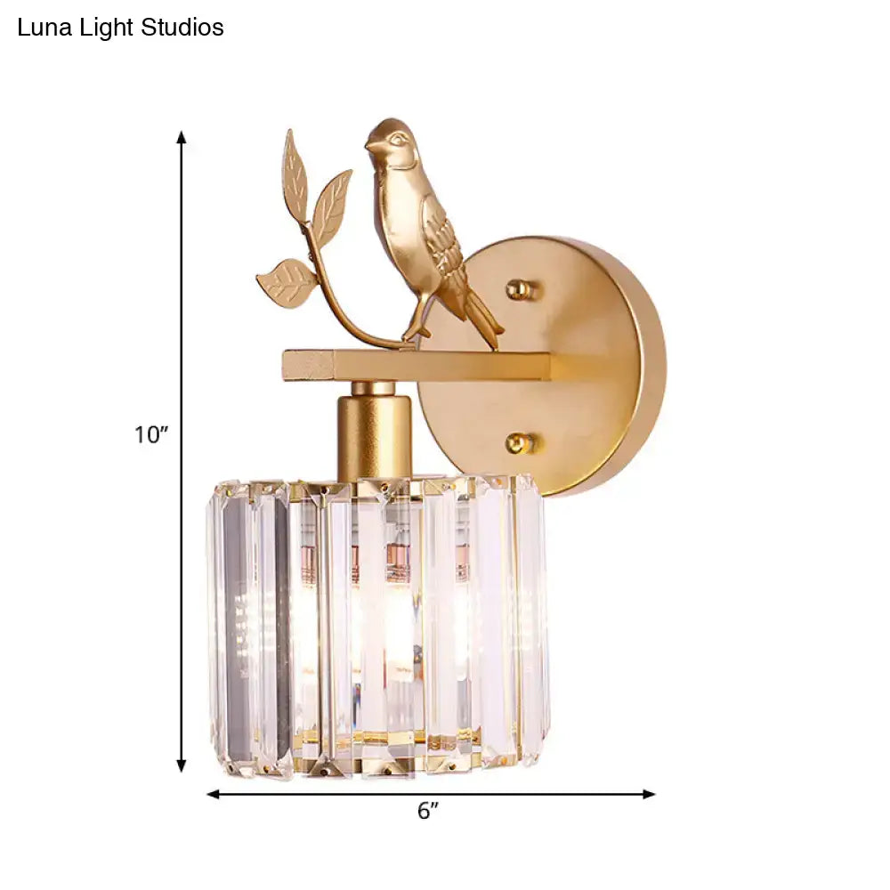 DecorBites™ Contemporary Wall Sconce with K9 Crystal Cylinder, Bird Accent, and Black/Gold Finish