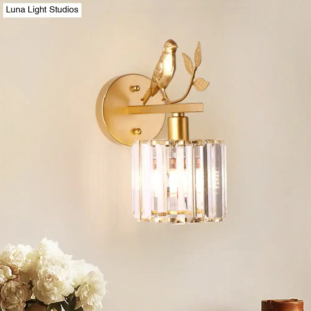 DecorBites™ Contemporary Wall Sconce with K9 Crystal Cylinder, Bird Accent, and Black/Gold Finish