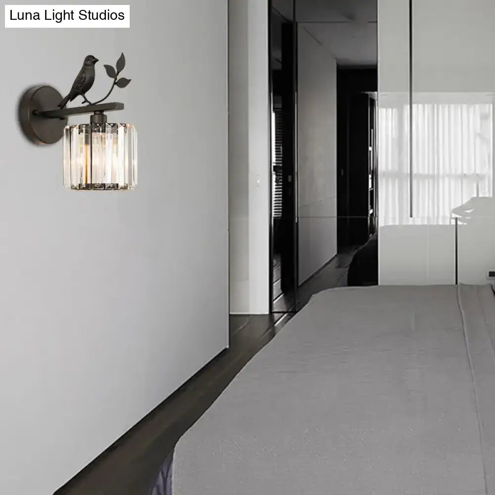 DecorBites™ Contemporary Wall Sconce with K9 Crystal Cylinder, Bird Accent, and Black/Gold Finish