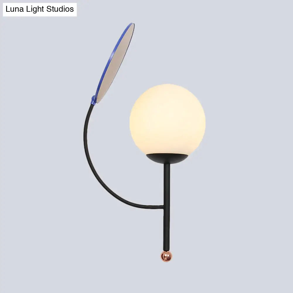DecorBites™ Contemporary Black Round Wall Lighting: 1-Light Sconce with White Frosted Glass, Mirror Deco - Ideal Bedside Fixture