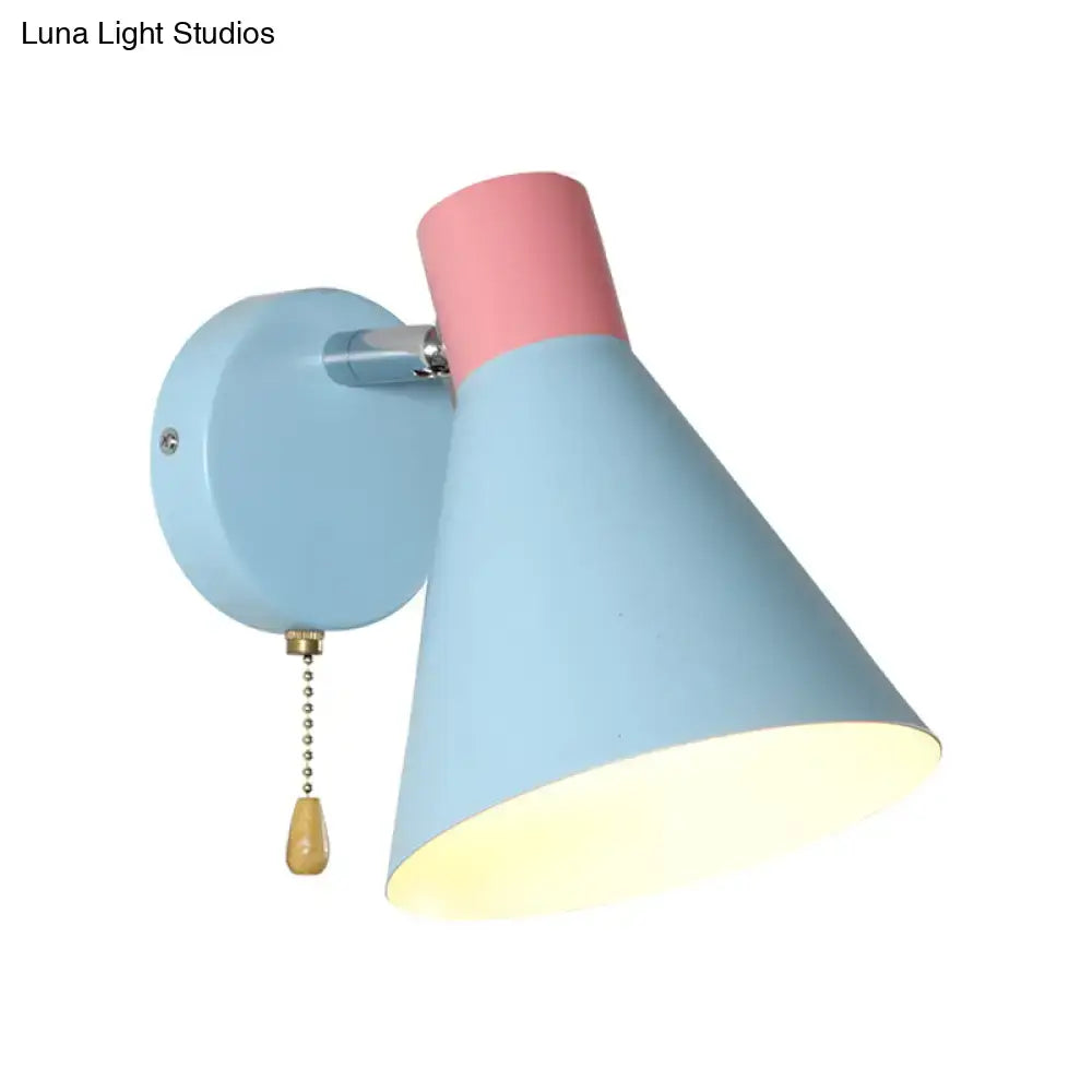 DecorBites™ Blue Metal Wide Flare Sconce: Contemporary Wall Mount Light with Pull Chain