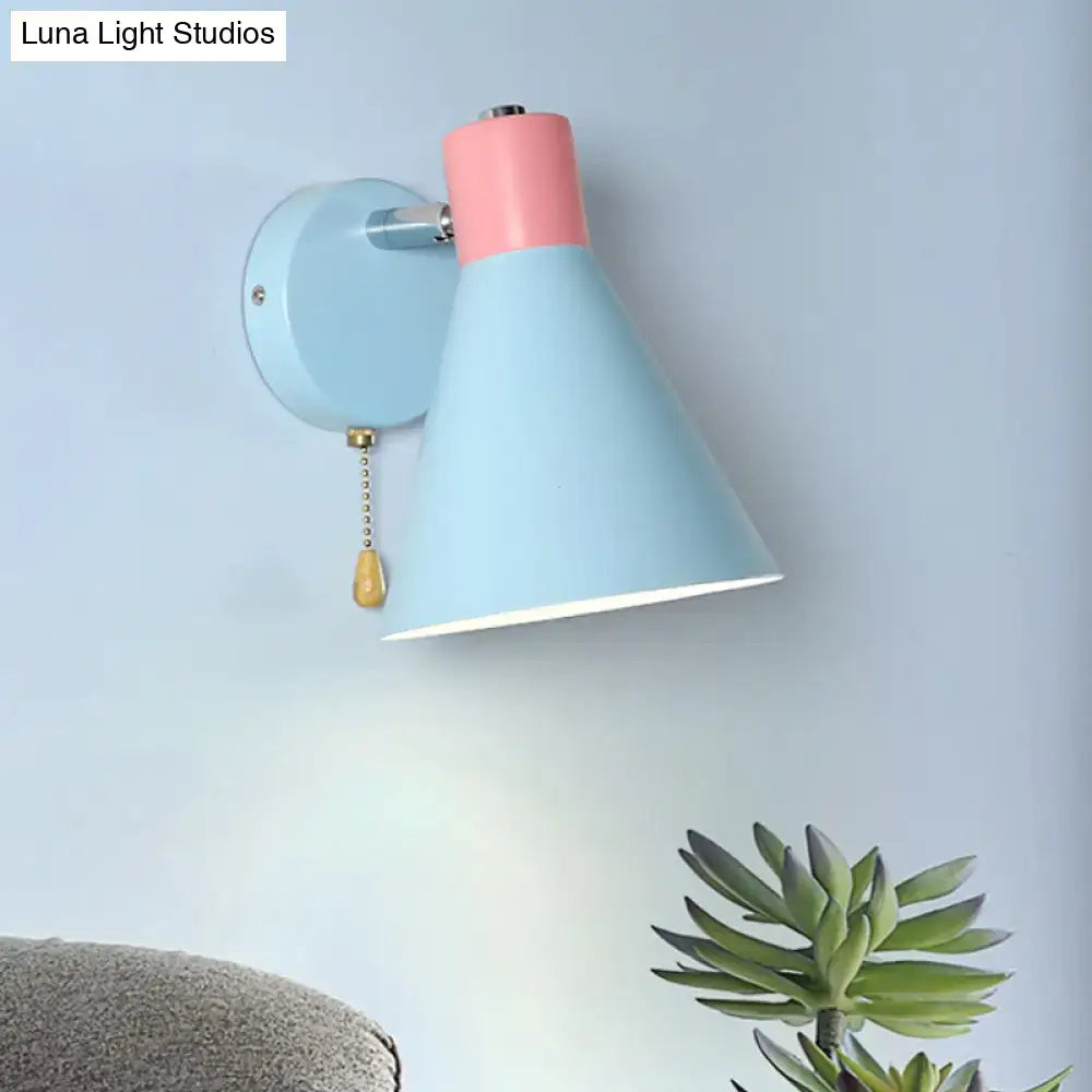 DecorBites™ Blue Metal Wide Flare Sconce: Contemporary Wall Mount Light with Pull Chain