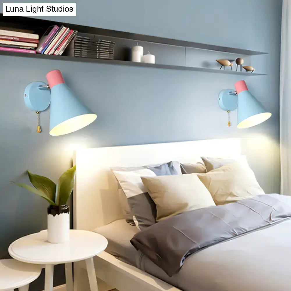 DecorBites™ Blue Metal Wide Flare Sconce: Contemporary Wall Mount Light with Pull Chain