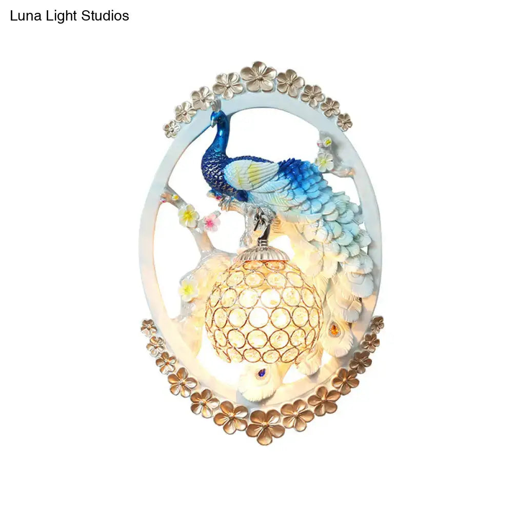 Contemporary blue & white peacock wall sconce crystal ball living room