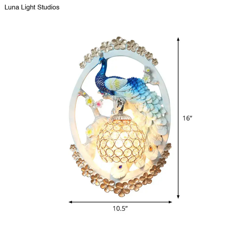 Contemporary blue & white peacock wall sconce crystal ball living room