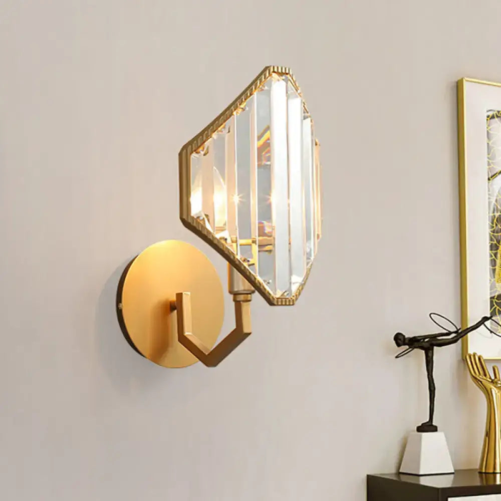 Contemporary brass rhombus wall sconce with clear crystal prism bedroom