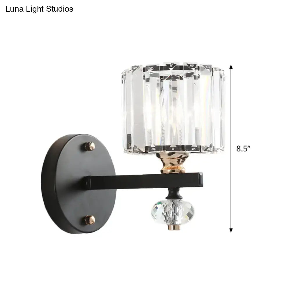 DecorBites™ Contemporary Clear Ribbed Glass Wall Mounted Drum Sconce Light in Black