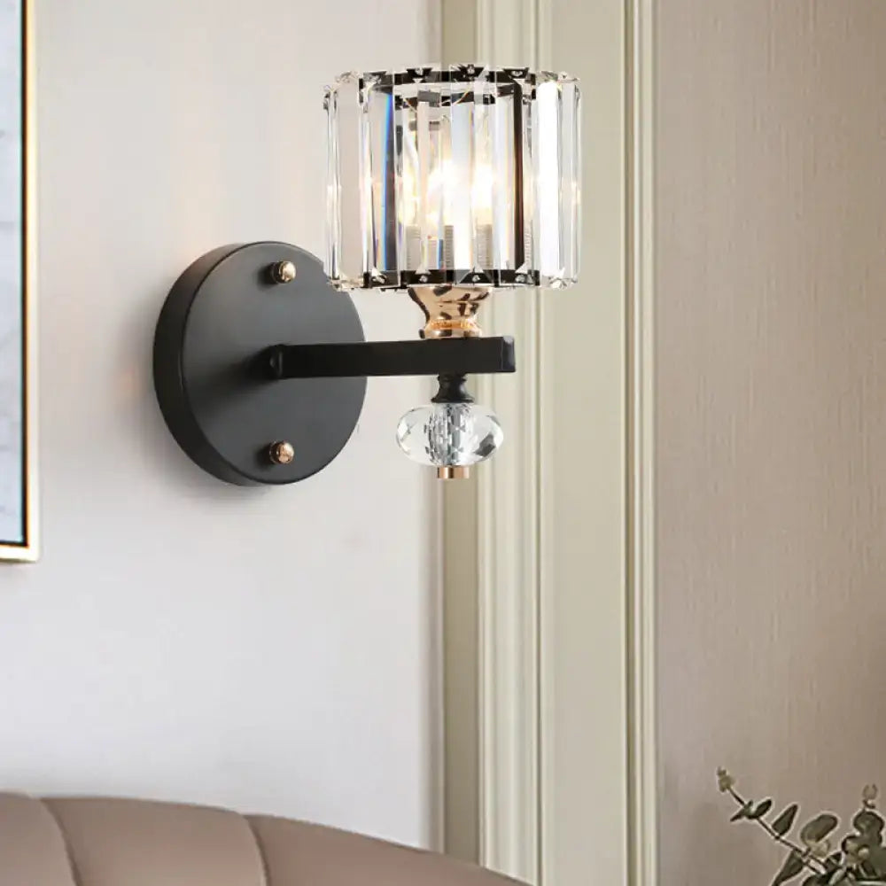 DecorBites™ Contemporary Clear Ribbed Glass Wall Mounted Drum Sconce Light in Black