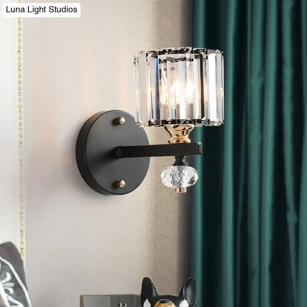 DecorBites™ Contemporary Clear Ribbed Glass Wall Mounted Drum Sconce Light in Black