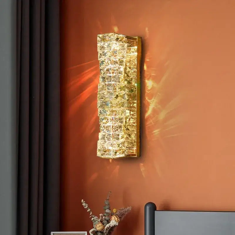 Contemporary crystal wall sconce gold frame bedroom light
