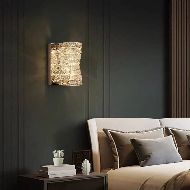 Contemporary crystal wall sconce gold frame bedroom light