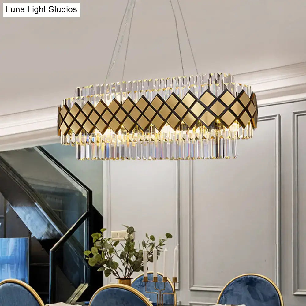 Contemporary gold and clear crystal block oval pendant light dining room