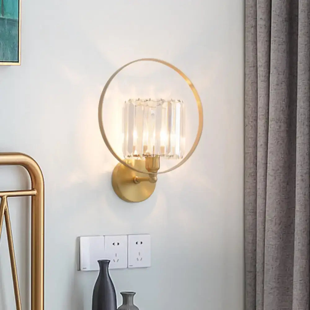 DecorBites™ Contemporary Clear Crystal Wall Mount Sconce with Gold Accents and Ring Frame - 1 Bulb Wall Light